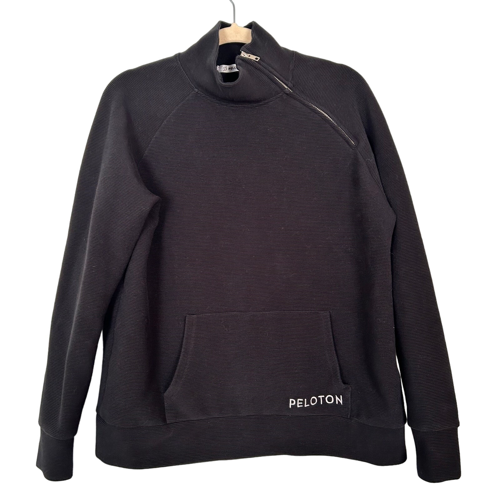 Peloton Women's Black Ribbed Mock Neck Asymmetric Zipper Pullover Sweater Size L